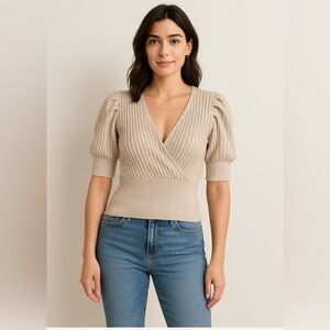 Express Women’s Beige Ribbed Puff Sleeve Sweater Top Size M NWT